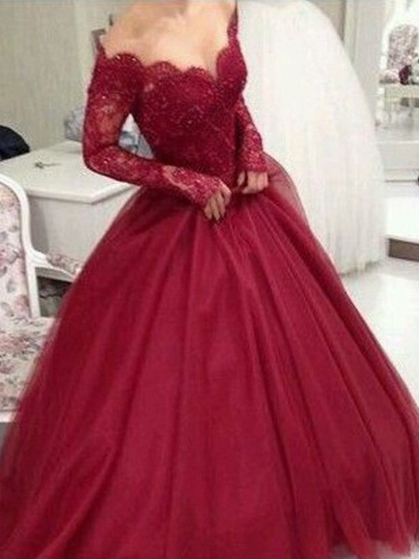 Wholesale Ball Gown V-neck Long Sleeves Floor-Length Lace Tulle Dresses